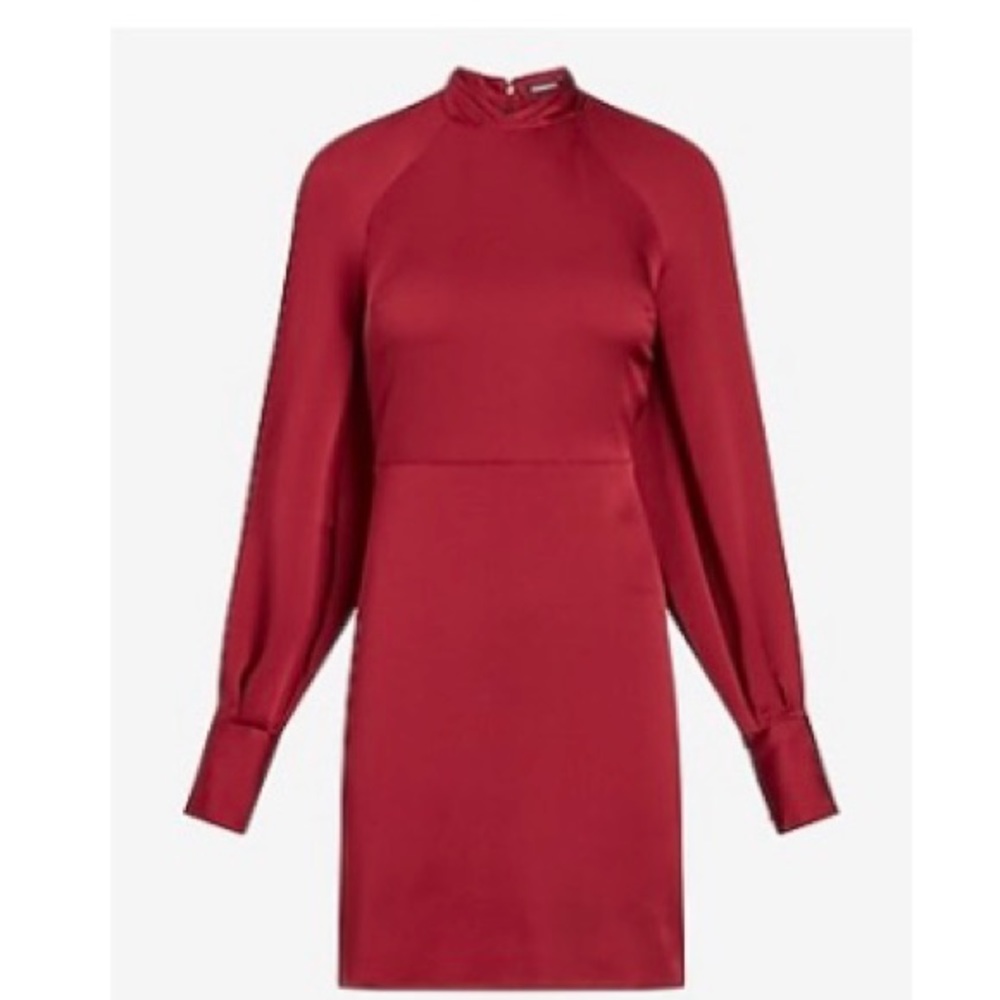 Satin Mock Neck Balloon Sleeve Dress